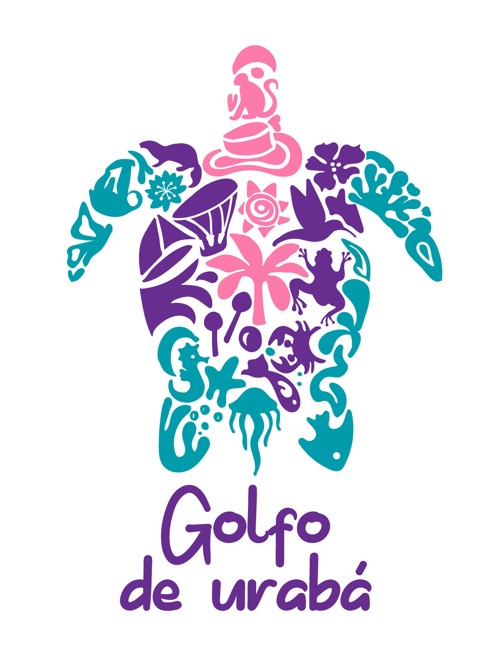 Colorful turtle logo composed of various elements including flowers, animals, and marine life forming the shape of a turtle, with 'Golfo de Urabá' written below in purple script font
